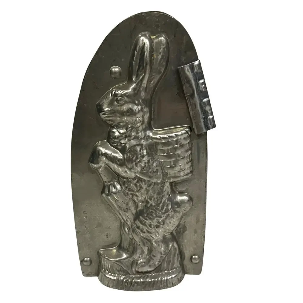 Vintage Antique Rabbit Easter Bunny Metal Chocolate Mold Tin 8” Standing Basket